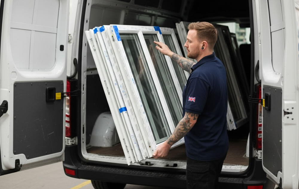 Tradesperson loading windows on to their van