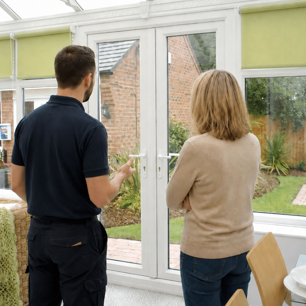 Installer in front of Eurocell french door talking to customer