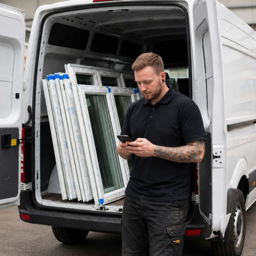 Installer in front of van containing windows using his mobile phone