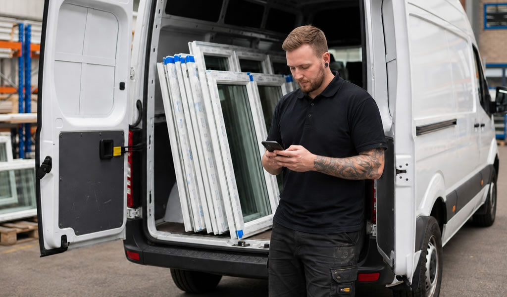 Installer in front of van containing windows using his mobile phone