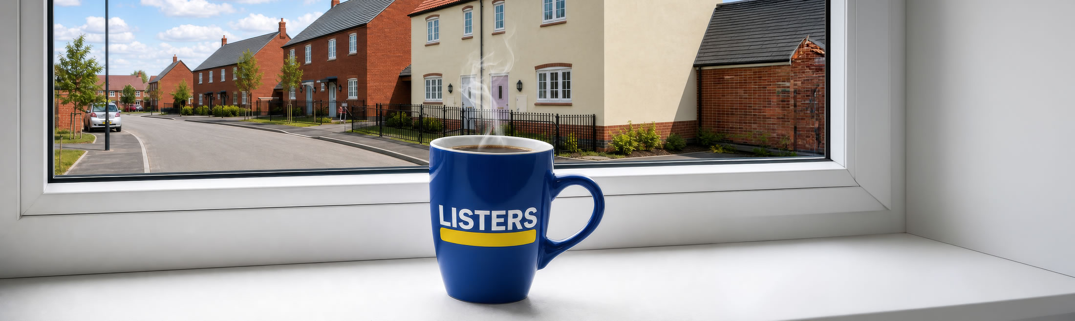 Listers mug next to a window showing a street of houses with Listers windows