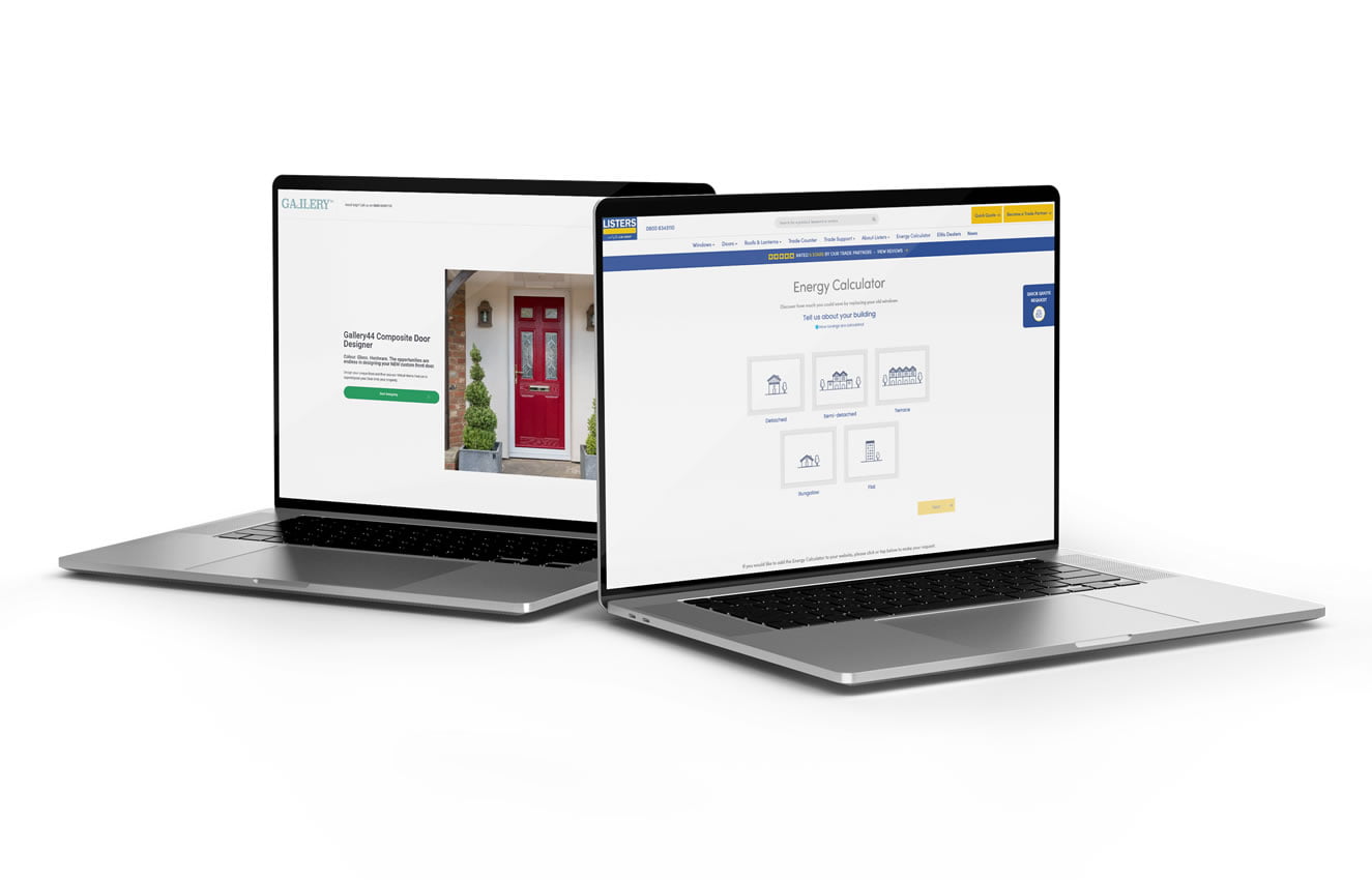 two laptop screens showing door designer and energy calculator
